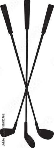 Silhouette of three golf clubs crossed offering a minimalist and modern athletic sporting goods design for golf enthusiasts