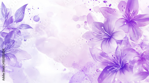 Soft purple watercolor floral background with delicate lily flowers and leaves, creating calm and elegant artistic design