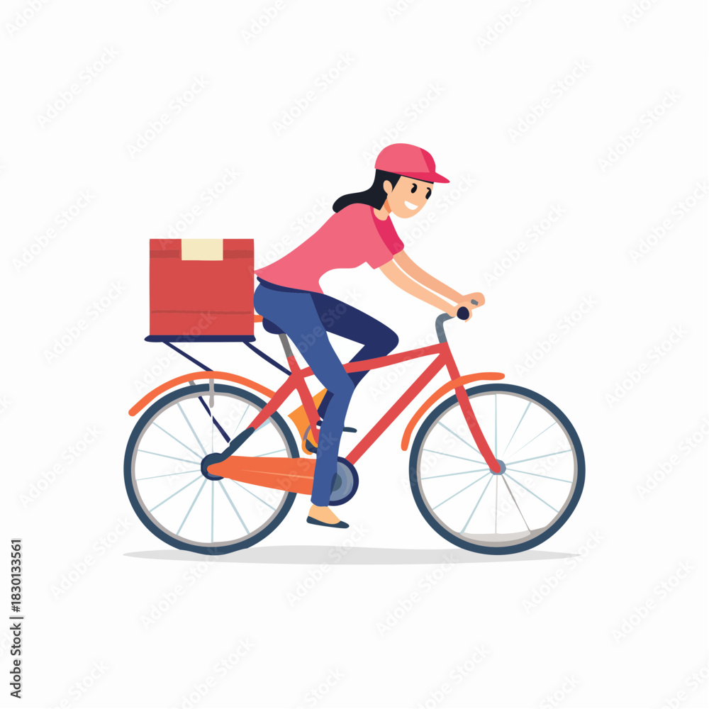 Naklejka premium Delivery Person Riding Bicycle with Package Cartoon Illustration.