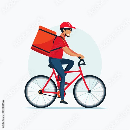 Delivery Person Riding Red Bicycle with Food Backpack 1.