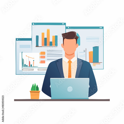 Faceless Businessman Working with Data Charts on Laptop.