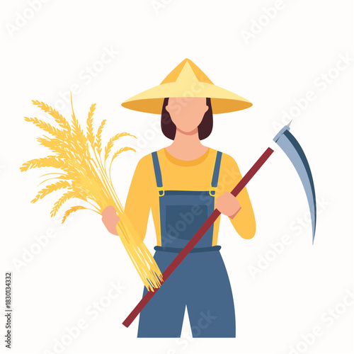 Farmer Holding Wheat and Scythe Wearing Overalls and Hat.