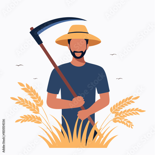 Farmer with Scythe in Wheat Field Wearing Straw Hat.