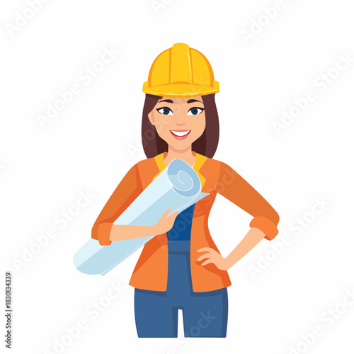 Female Construction Worker Holding Blueprint Wearing Hard Hat.