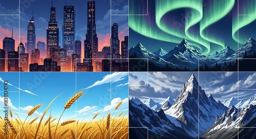 Vibrant Nature and City Landscapes in Artistic Split Screen Design