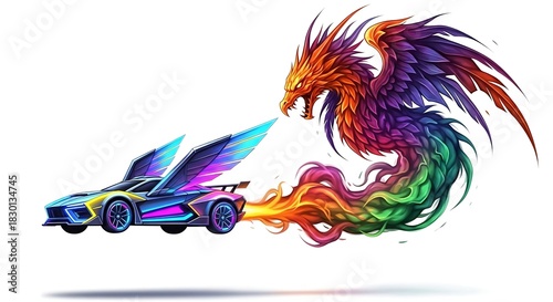 Neon Winged Car Chasing Dragon's Rainbow Breath on White Background
