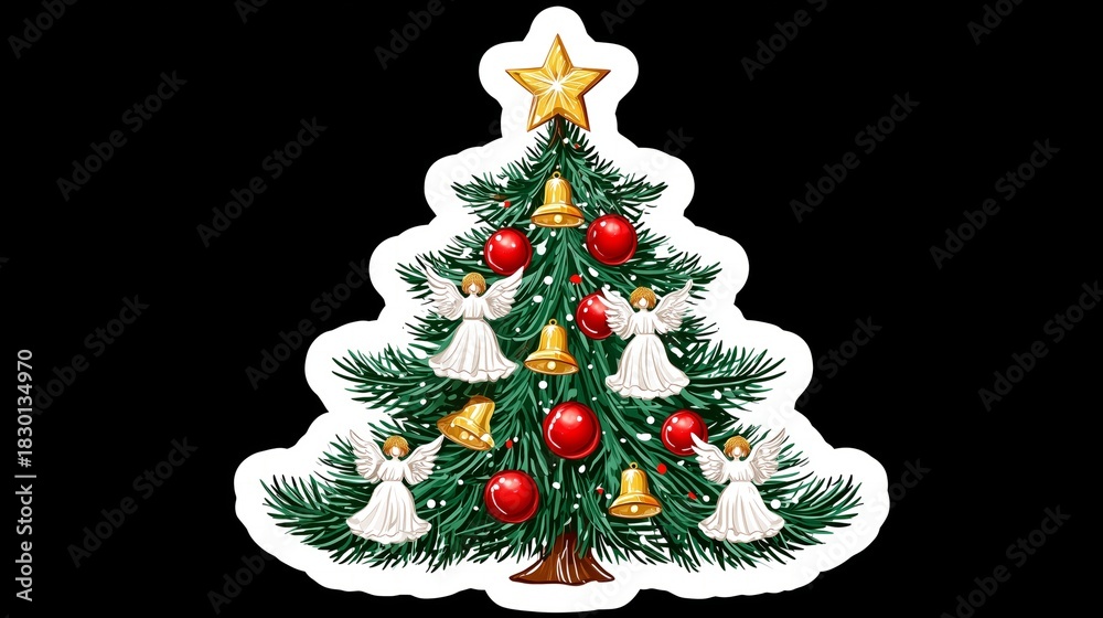 Naklejka premium festive christmas tree sticker with ornaments bells angels and bright star