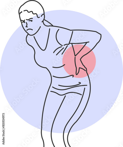 Vector illustration of a woman bent over, clutching her back in acute lower back pain