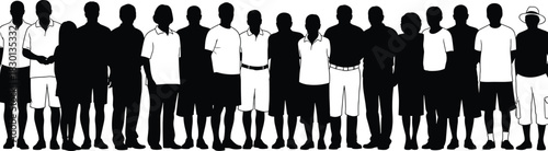 Large group silhouette diverse people standing together in line, representing a team, community, or crowd, isolated black and white flat vector illustration, minimal design.