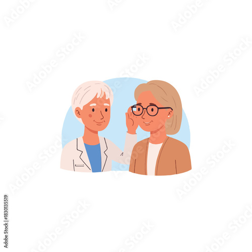 Compassionate optometrist adjusts eyeglasses on a senior patient during an eye examination and