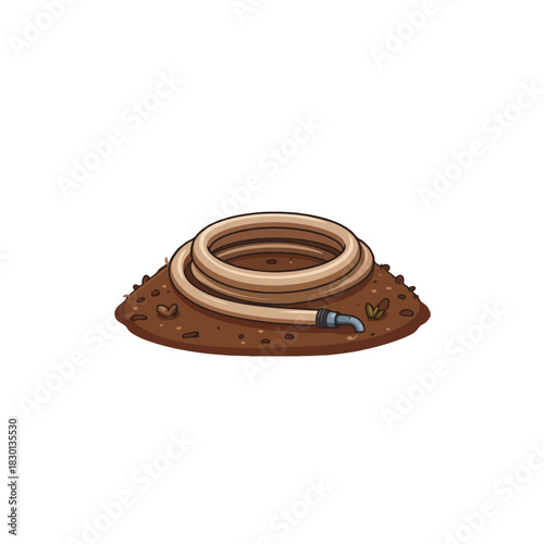 Coiled water hose resting on earthen mound illustration portrays gardening preparation outdoors
