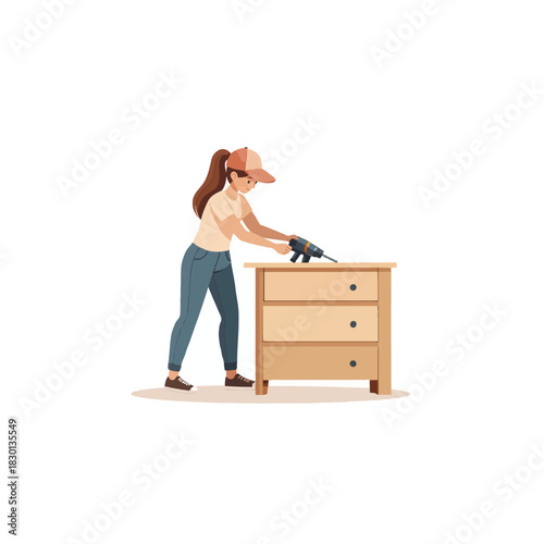 Creative diy project charming woman assembles wooden furniture nightstand with power drill in a