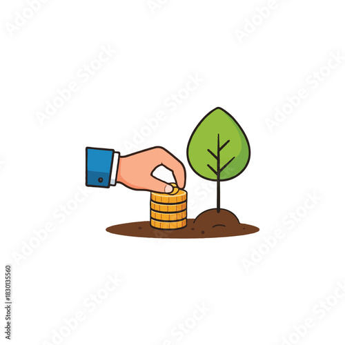 Depicting economic growth investment hand stacks coins near budding tree promoting financial
