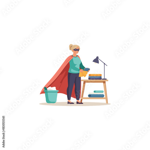 Dedicated superhero laundress tackles household chores with unwavering resolve, embodying domestic