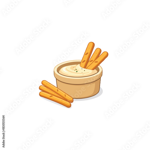 Delicious savory snack: crispy breadsticks served with a creamy, flavorful dipping sauce in a bowl