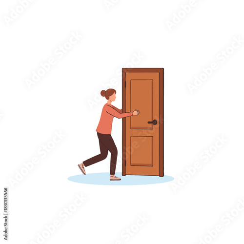 Depiction of a woman striving to open a solid wood door leading towards an unknown destination or
