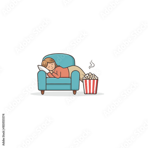 Dreaming of movie night delights: Cartoon depiction of relaxation with popcorn and a cozy armchair