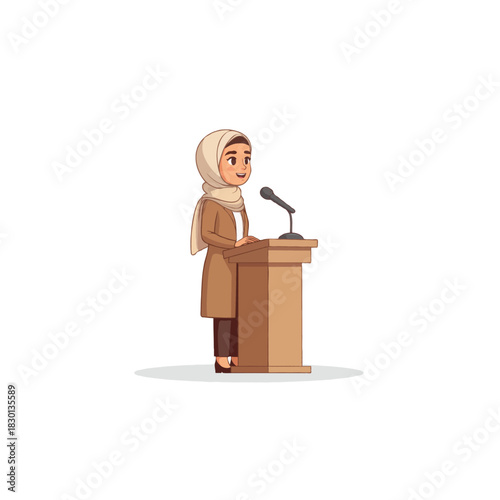 Empowered muslimah at podium delivering speech with confidence and grace promoting women