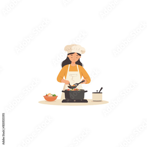 Female chef cooking gourmet meal, artistic rendering, woman stirring pot in kitchen creating