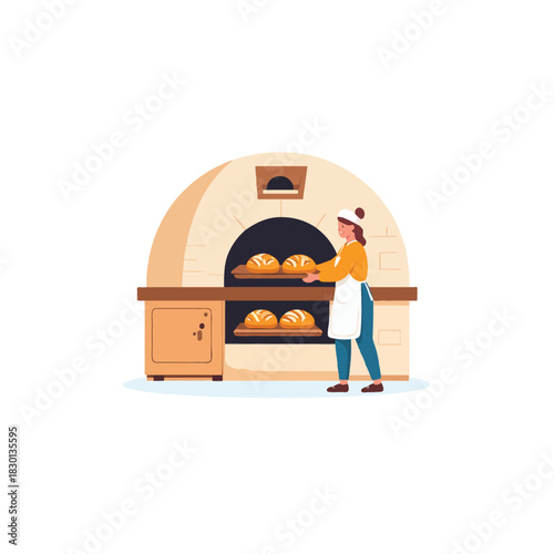 Female baker tending traditional stone oven with fresh bread showcasing culinary expertise and