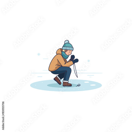 Lone figure engrossed in winter ice fishing solitude enjoying tranquility of the frozen landscape