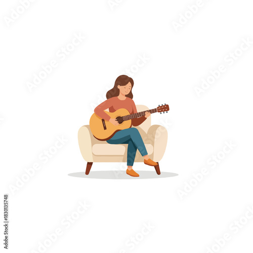 Relaxed girl composing music at home on a comfortable armchair playing guitar in cozy atmosphere