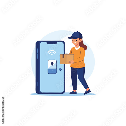 Seamless delivery experience woman delivers package controlled by smart phone technology access to