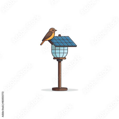 Serene bird perched atop solar-powered lamp post creating an environmentally friendly charming