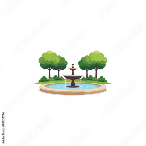 Serene park scene featuring a classic fountain surrounded by lush trees and calm water basin