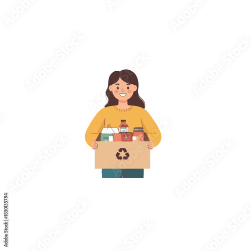 Smiling young woman holding cardboard box filled with recycling items promoting ecological
