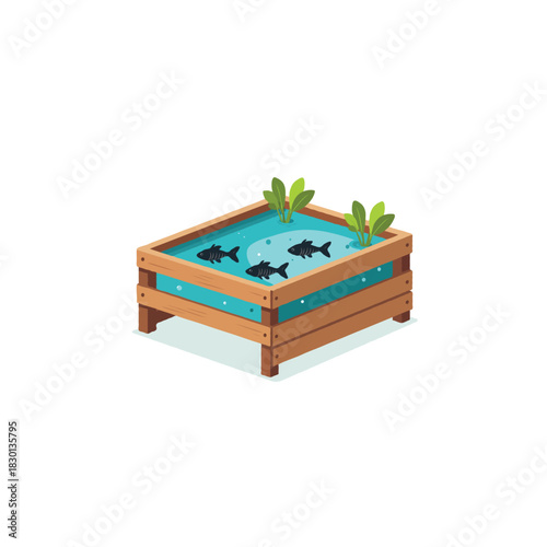 Stylized aquatic environment showcasing fish swimming within a wooden container with foliage
