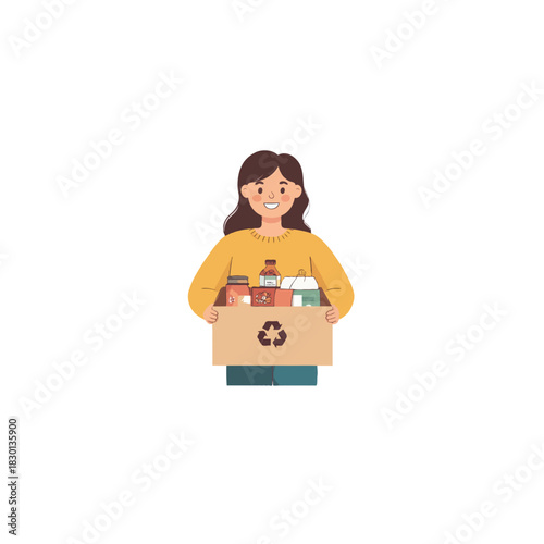 Woman embraces eco responsibility holding recycling box with varied recycled materials in warm