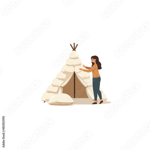 Woman enjoying outdoor camping in a cozy teepee tent under a serene white background providing
