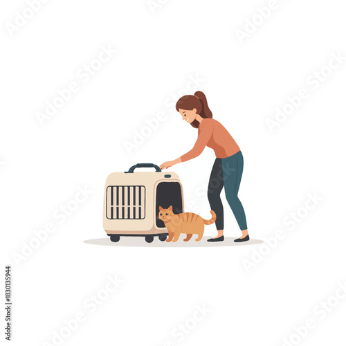 Woman prepares carrier for her ginger tabby cat ready for adoption or transportation to a new