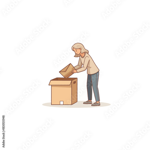 Woman preparing a package inside a cardboard box illustrating home organization and decluttering