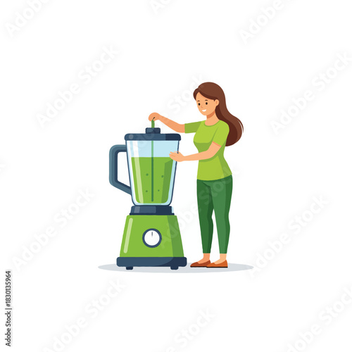 Woman prepares a fresh green smoothie in a blender for healthy lifestyle nutrition indoors