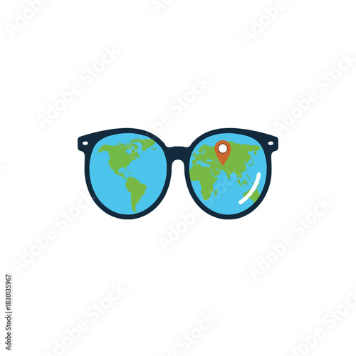 World vision through eyewear, representing global focus and travel with location pinpointing
