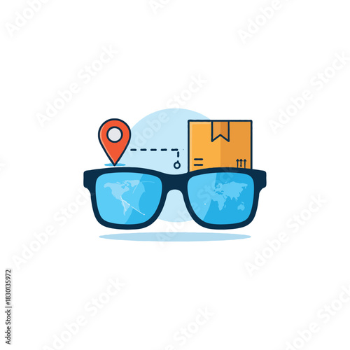 Worldwide shipping reflected in eyeglasses with geolocation and package delivery representation