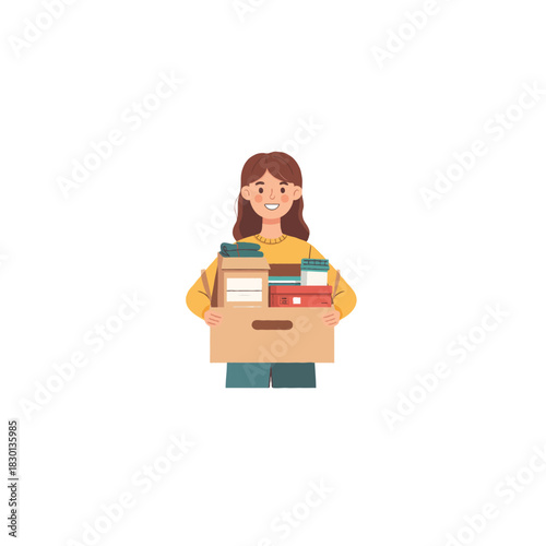 Young woman carrying a cardboard box full of books and personal belongings with a cheerful