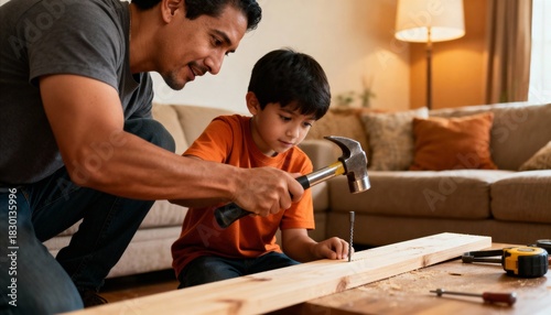 Latino father showing kid how to use hammer during DIY task in cozy living room setting