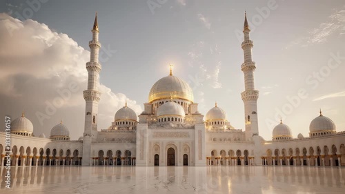 Grand white mosque with golden domes and minarets under a cloudy sky