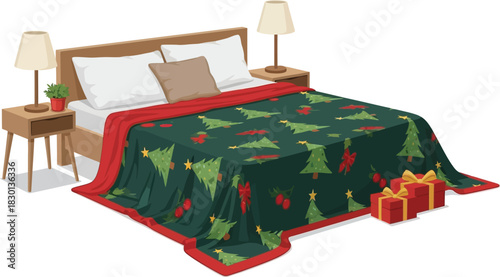 Cozy christmas tree blanket on bed with gift box isolated on white