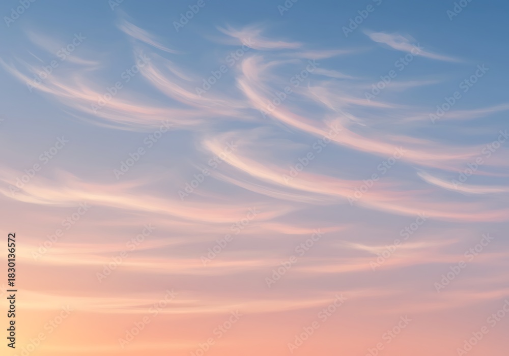 Fototapeta premium Soft wispy clouds in the sky at dawn or dusk background with copy space
