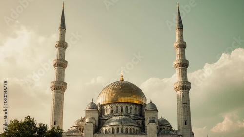 Majestic mosque with golden dome and tall minarets under a cloudy sky