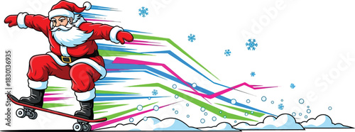 Cool santa claus skateboarding with colorful motion trail isolated on