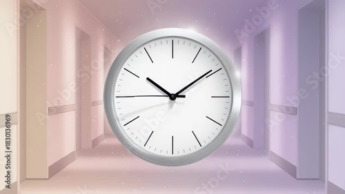 A clock hovers in a pastel hallway with sparkling effects