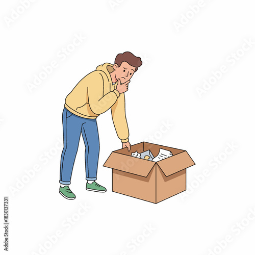 confused young man looking into open cardboard box containing crumpled paper and trash. vector illustration isolated on white background.