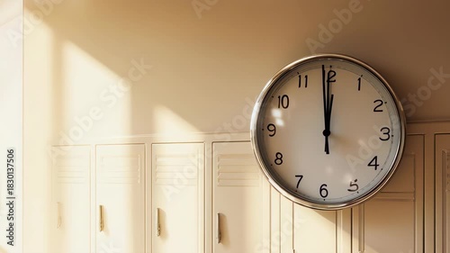 Clock showing five to twelve hanging above lockers in a softly lit school