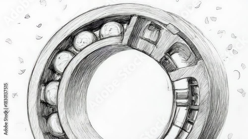 Detailed pencil sketch of a ball bearing with spherical rolling elements