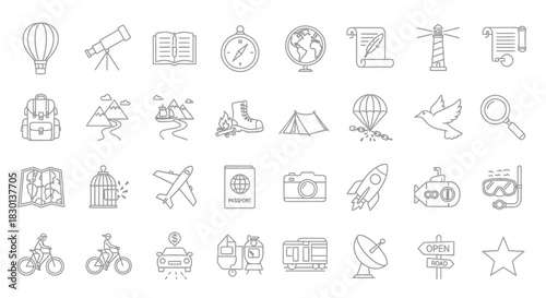 Collection of HandDrawn Travel and Adventure Icons 1. Vector Illustrations. EPS Editable